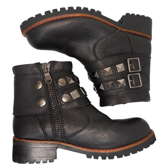 KLR Black Leather Boots Womens Sz 9 Moto Combat Side Zip Removeable Stud Straps - Picture 8 of 13